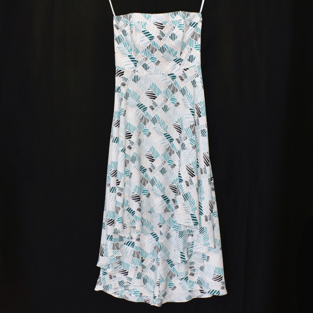 White House Black Market Strapless High Low Geometric Print Dress Teal White 4